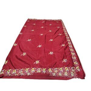 Maroon Burgundy Saree with colorful floral embroidery - Unstitched- NEW